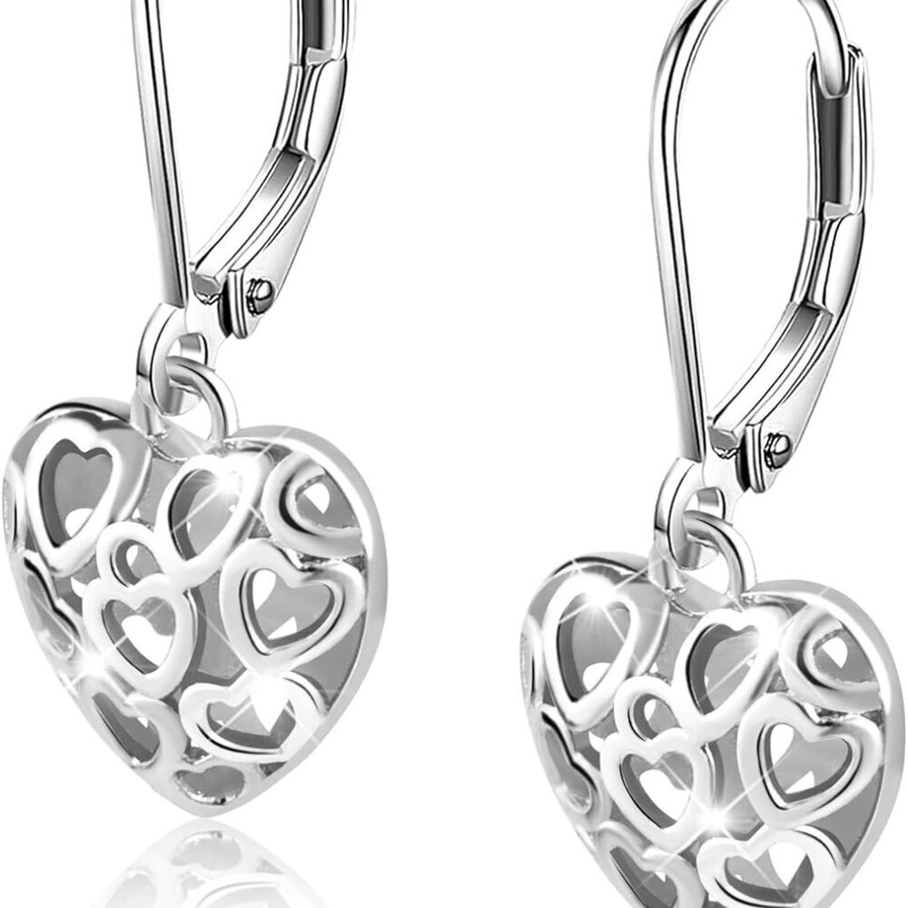 925 Sterling Silver 14K Gold French Style Leverback Earrings, Heart Dangle Drop